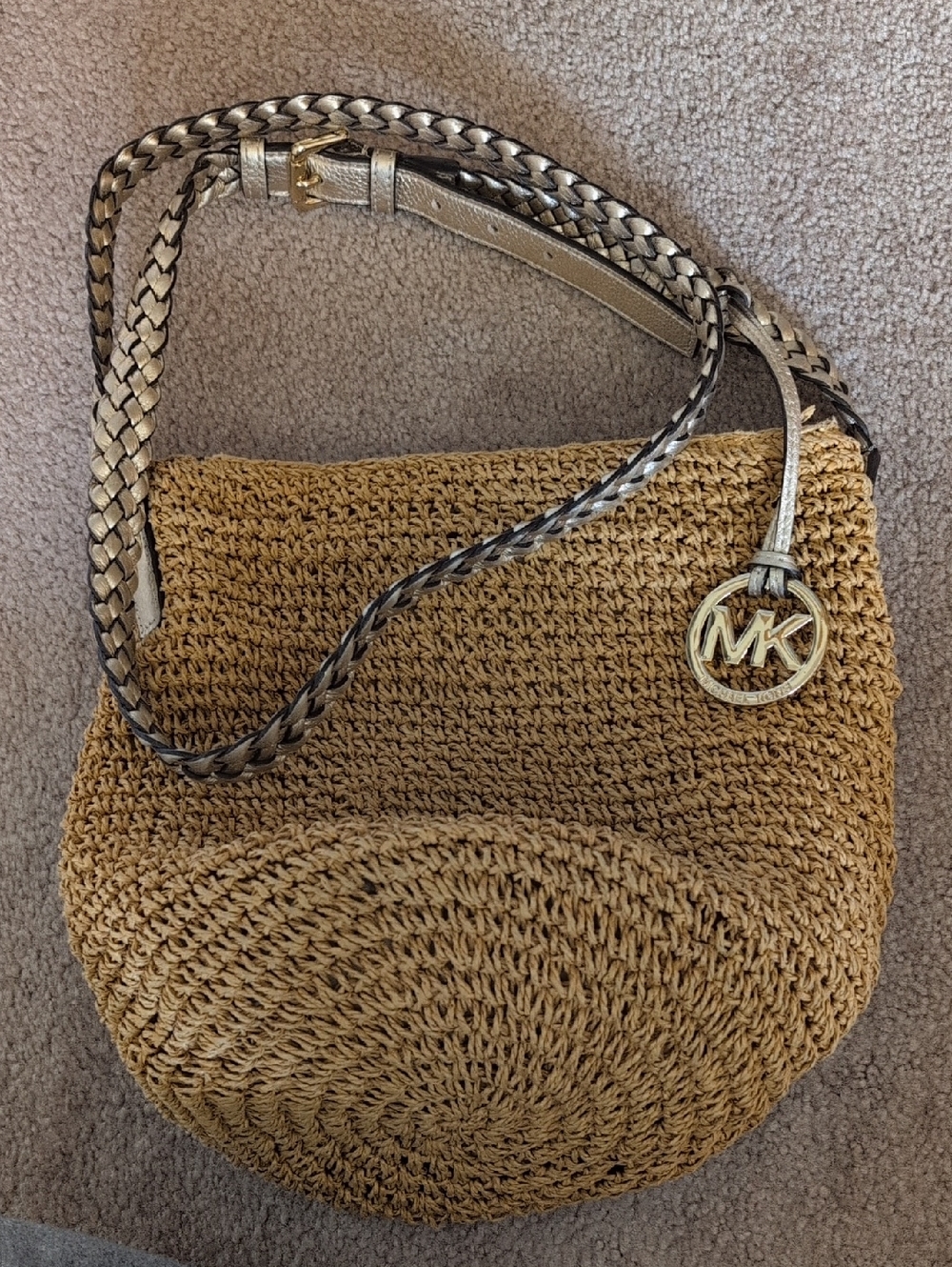 Michael Kors Woven Straw Shoulder bucket Bag with Braided Gold Strap